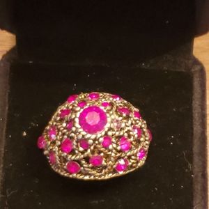 Vintage Gold Tone w/ Reddish Pink Crystal Cluster Adjustable Ring